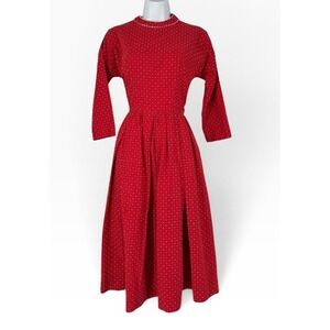Vintage 50s Lanz Original Dress Women XS Red Heart Print Mid Century Fit Flare